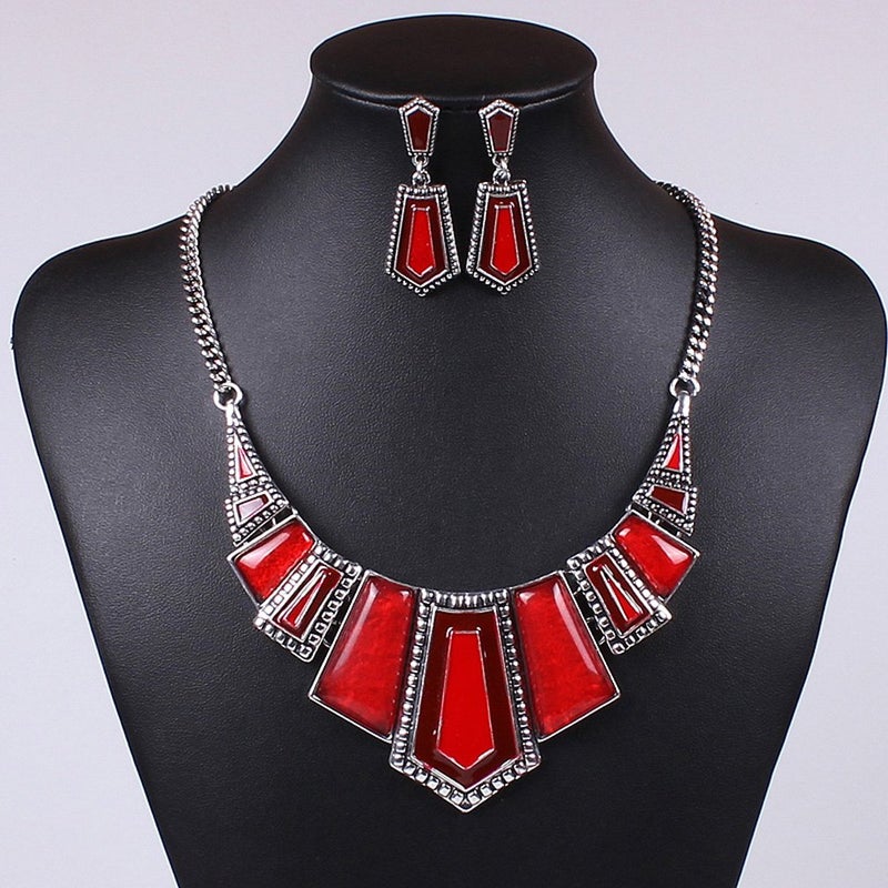 YAZILIND Vintage Ethnic Tibetan Silver Irregular Rhinestone Bib Collar Earrings Necklace Jewelry Set (Red) - Image 2